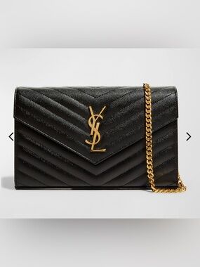 Saint Laurent Black Quilted Chevron Envelope Crossbody with Gold Chain
